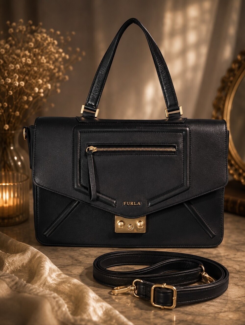 Furla Black Leather Structured Top Handle Crossbody Bag Gold Hardware EUC